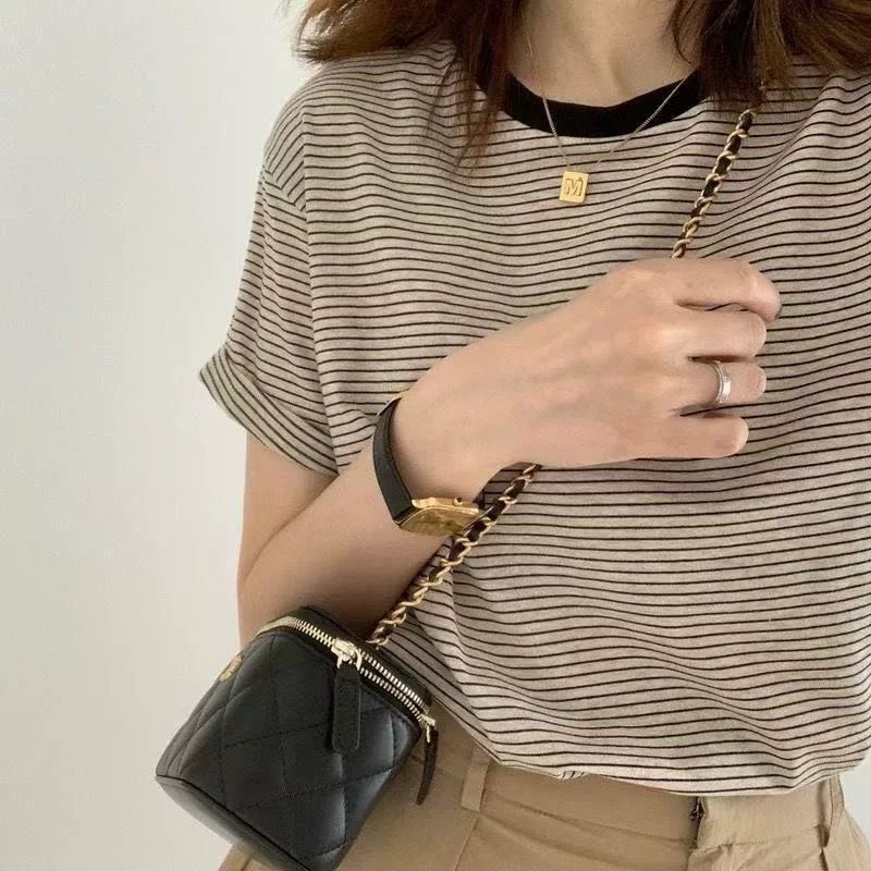 デイリー ストライープ 配色 半袖Tシャツ (ラウンド ショートスリーブ)