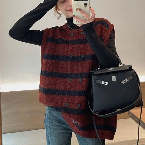 ラウンドネック スリーブレス フロントボタン ボーダー ルーズフィット ショートベスト
