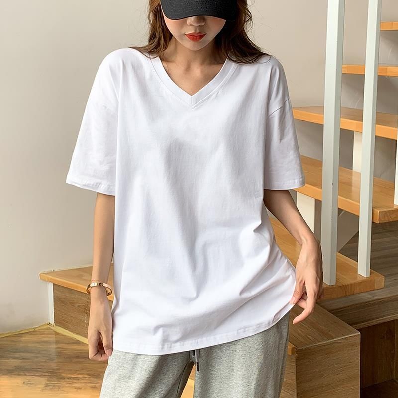 ルーズフィット Vネック コットン ベーシック半袖Tシャツ