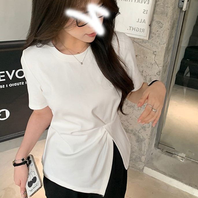 アシンメトリー 裾ギャザー コットン半袖Tシャツ
