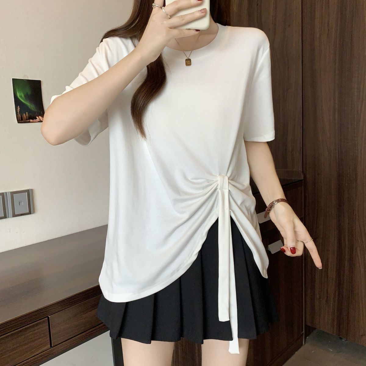 ストリング ギャザー ベーシック コットン半袖Tシャツ