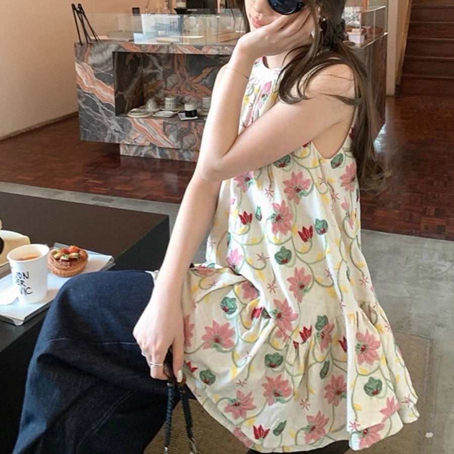 花柄 ホルターネック ノースリーブ チュニックブラウス