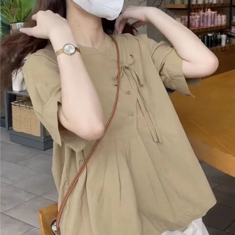 リネン調ラウンドネックブラウス