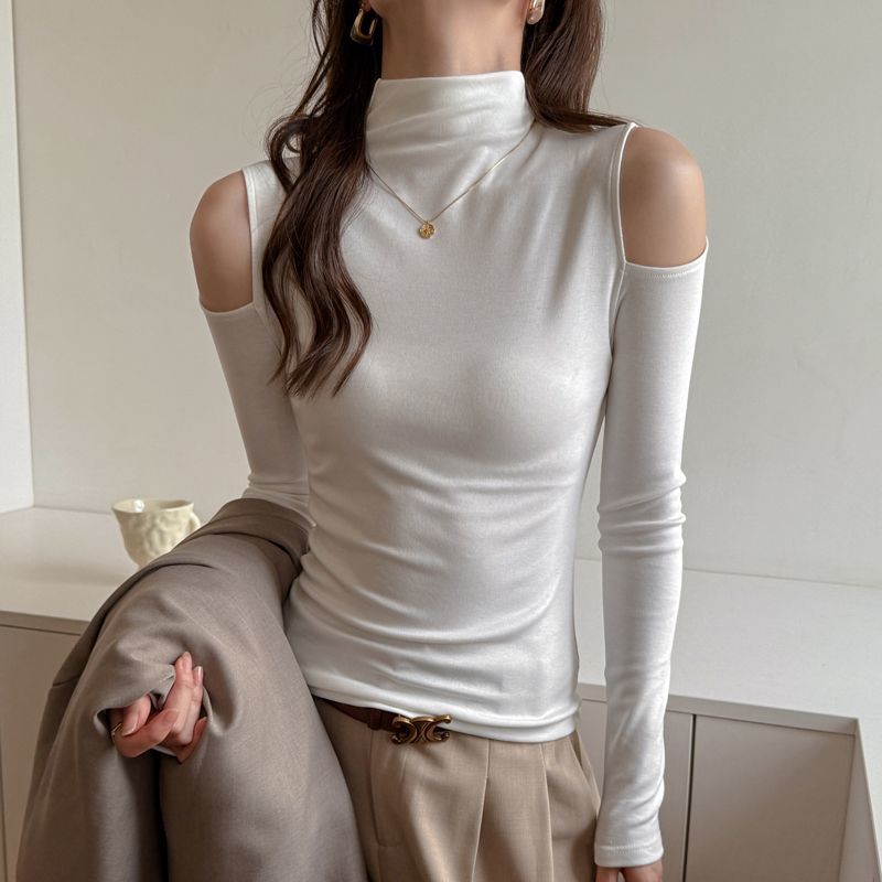 オフショルダー ハイネック スリムTシャツ（秋の華奢見え カッティング 長袖トップス）
