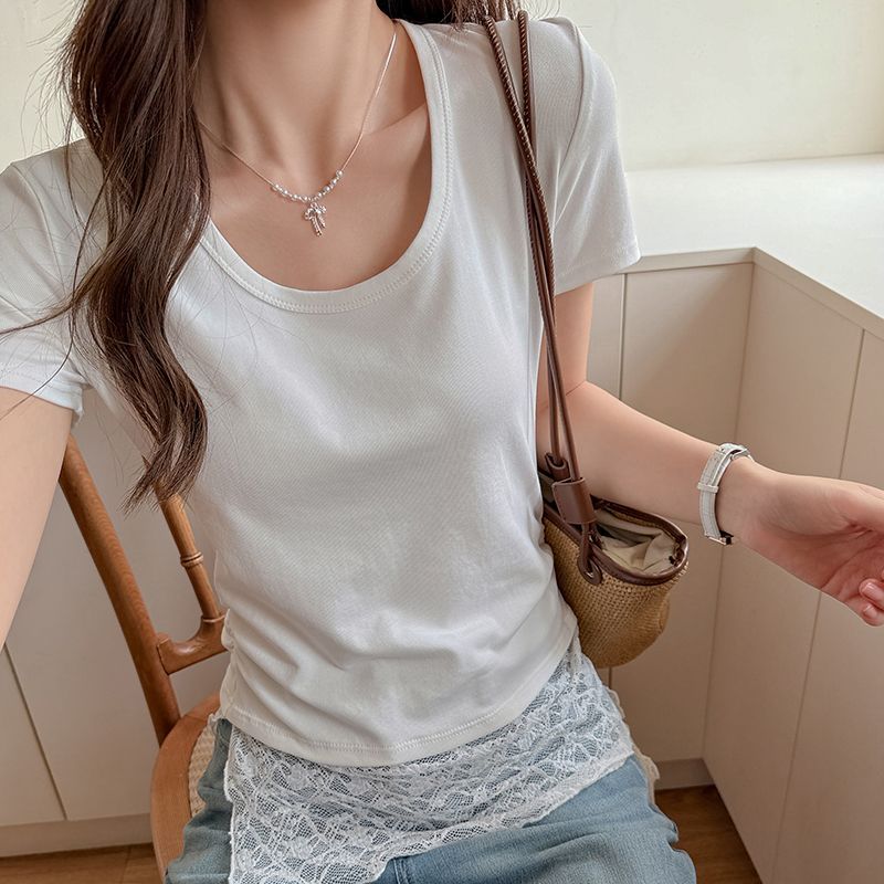 レース切り替え ギャザー半袖Tシャツ（華奢見え Uネック スリム サマートップス）