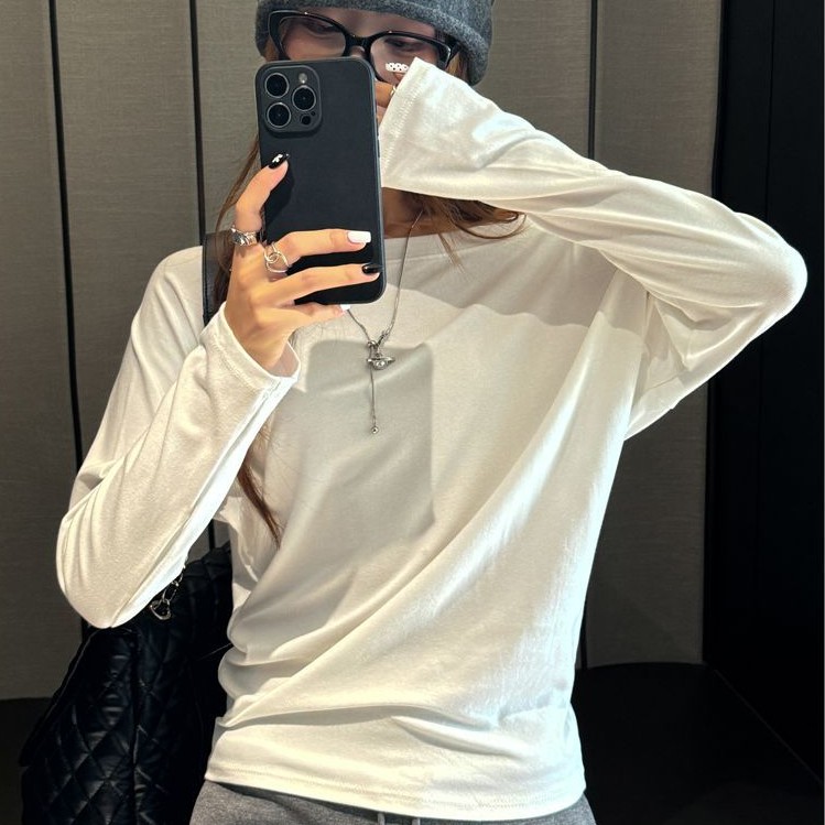 オフショルダー ルーズフィット 長袖Tシャツ（華奢見え 端境期 シアー/単品トップス）