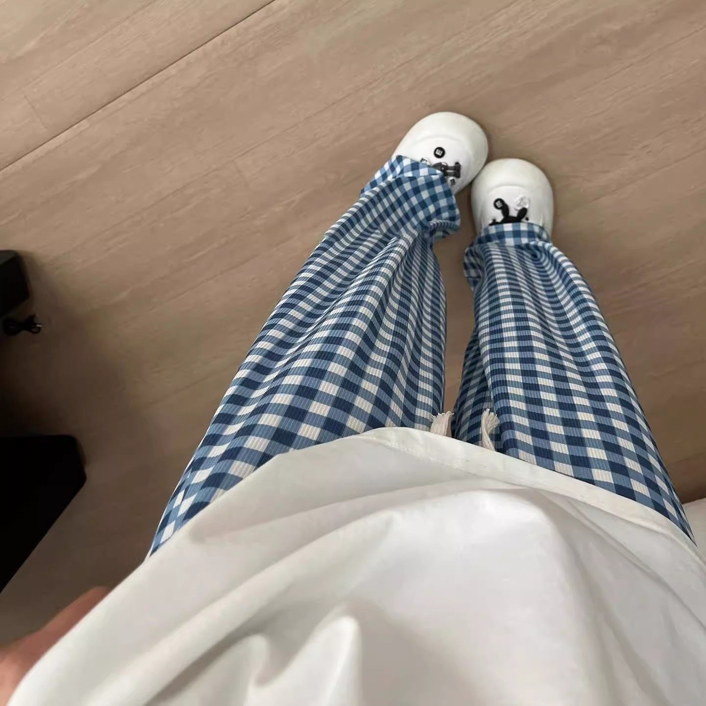 チェックパターン パジャマ ロングワイドパンツ