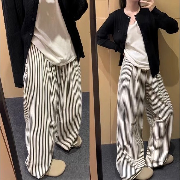 ストライプハイウエストピンストライプワイドパンツ