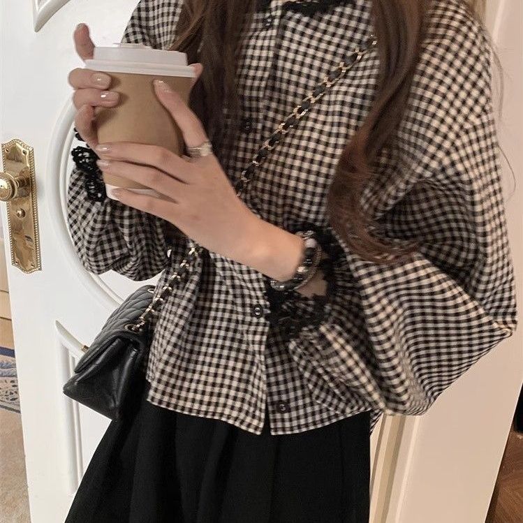 チェックレース配色シャツ