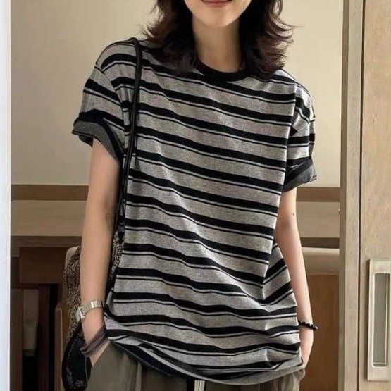 丸首配色ストライプ ルーズシルエット半袖カットソー