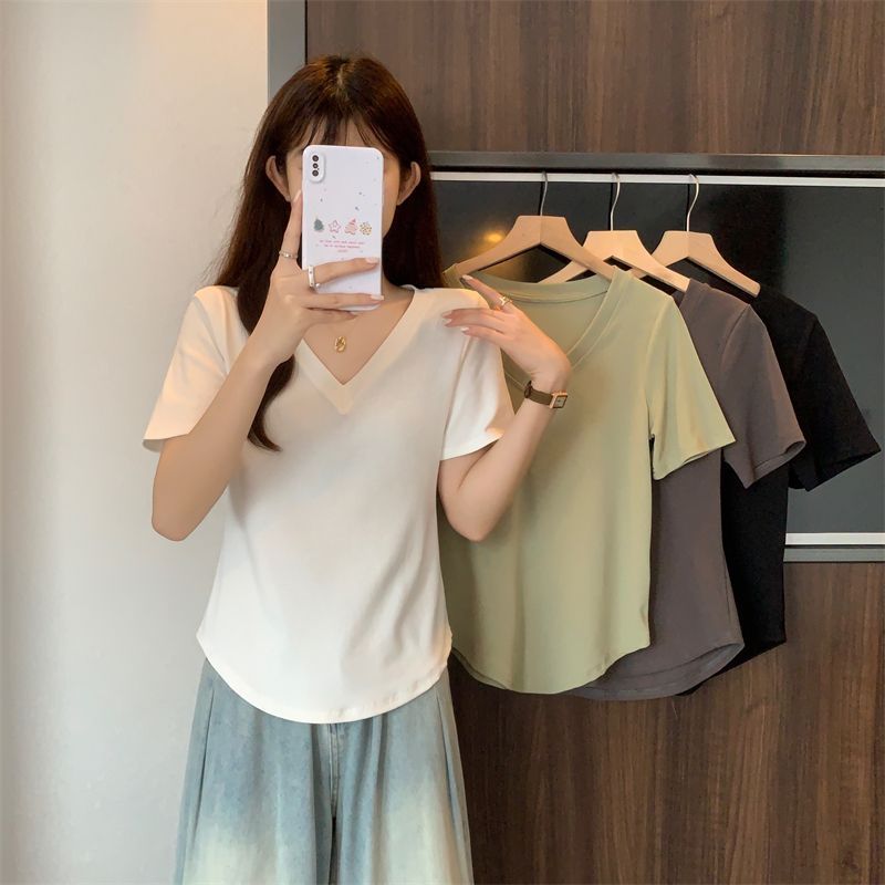 サマー ベーシック Vネック 半袖Tシャツ - 無地 コットン ビッグサイズ 体型カバー