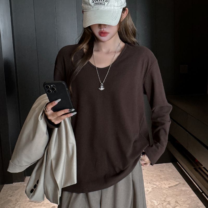 Uネック ルーズフィット 長袖Tシャツ レディース シンプル デイリー インナートップ