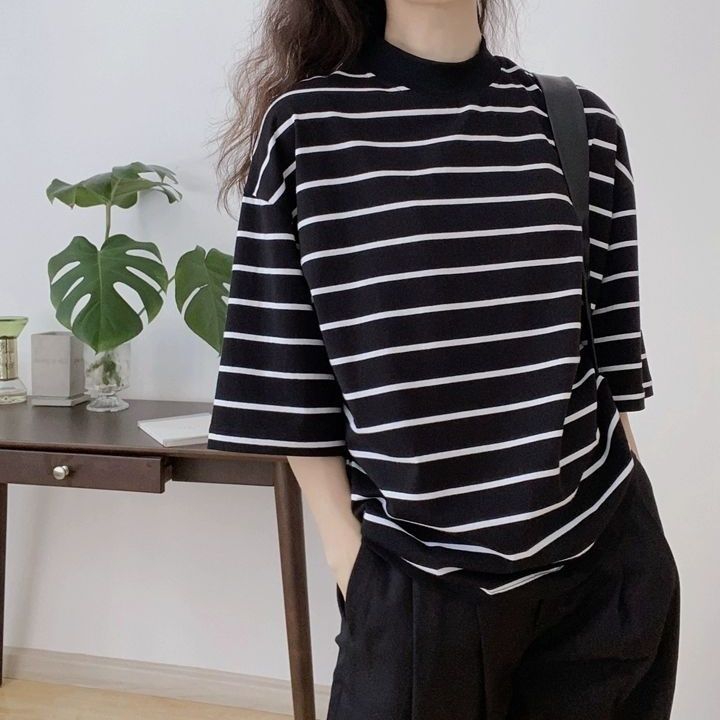 シンプル ストライプ ハーフネックトップス - カジュアル ルーズフィット 5分袖Tシャツ