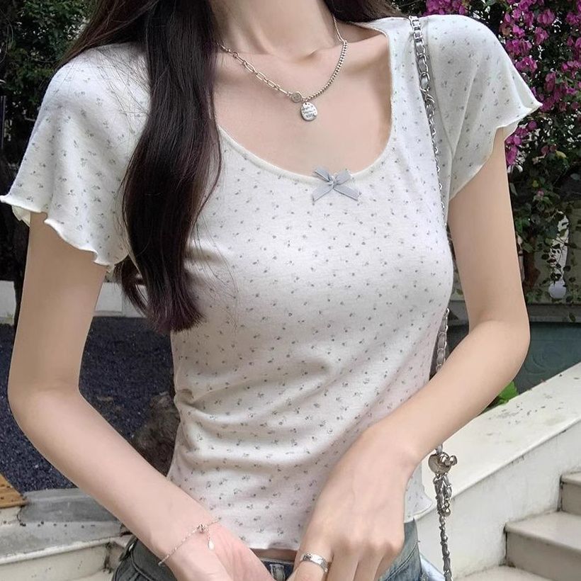 レディース ドット柄 リボンフリル 半袖 - スリムクロップドTシャツ