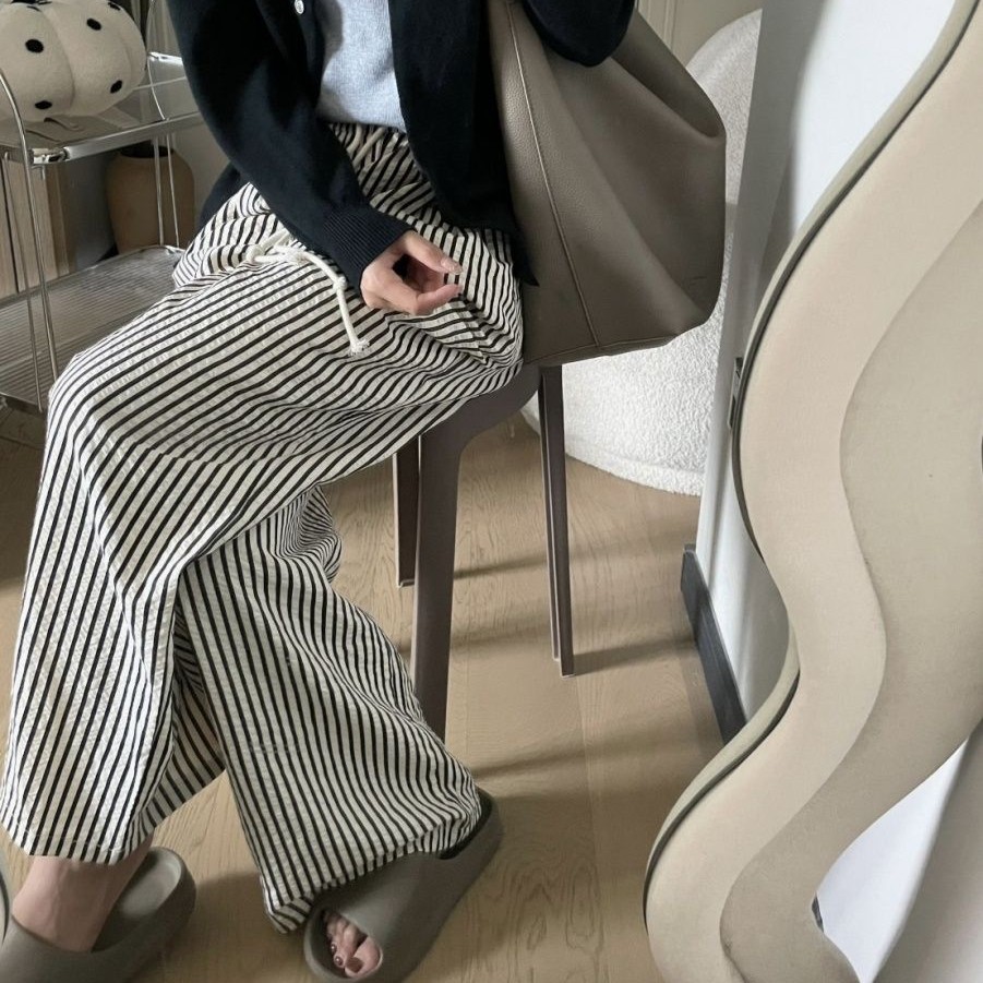 ストライプウエストゴムワイドパンツ