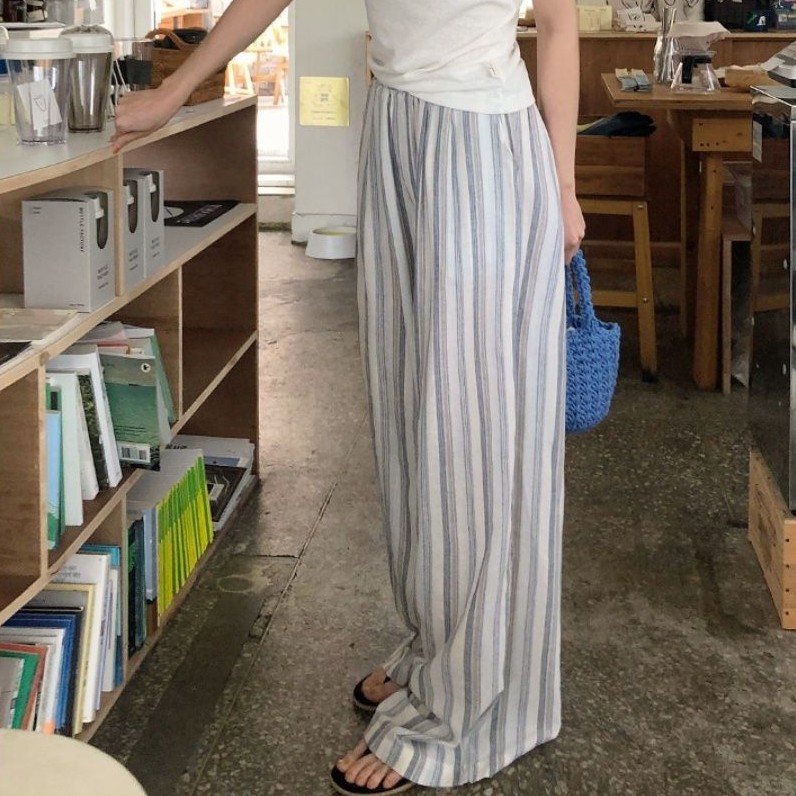 縦ストライプウエストゴムワイドパンツ