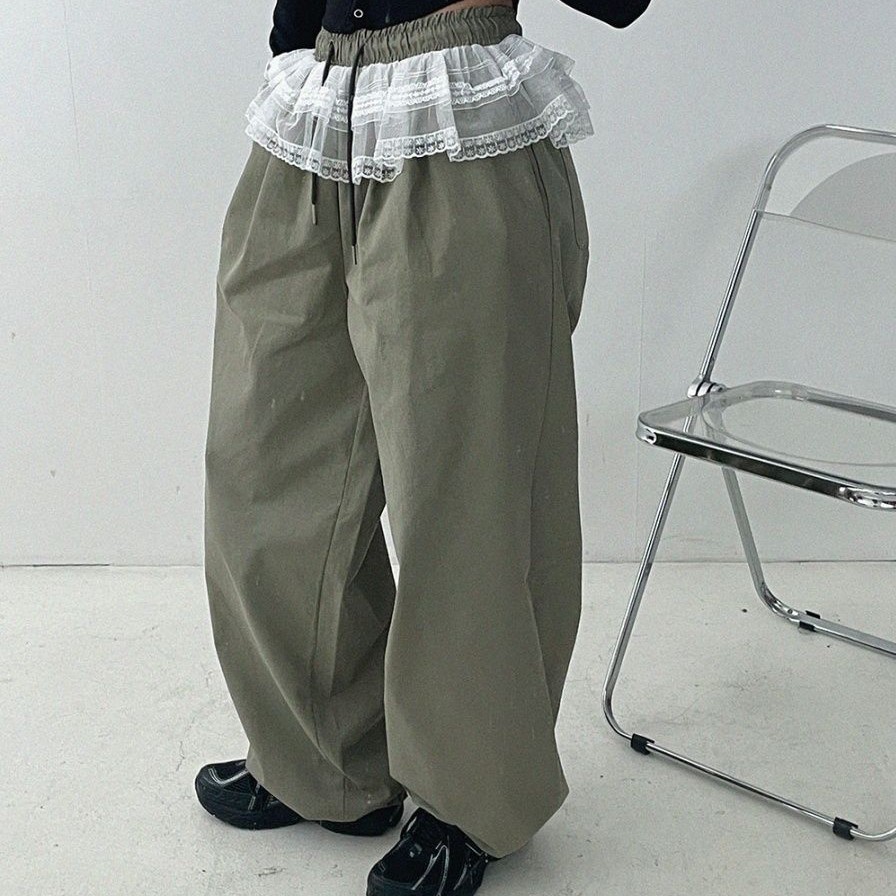 レースレイヤードウエストゴムルーズワイドパンツ