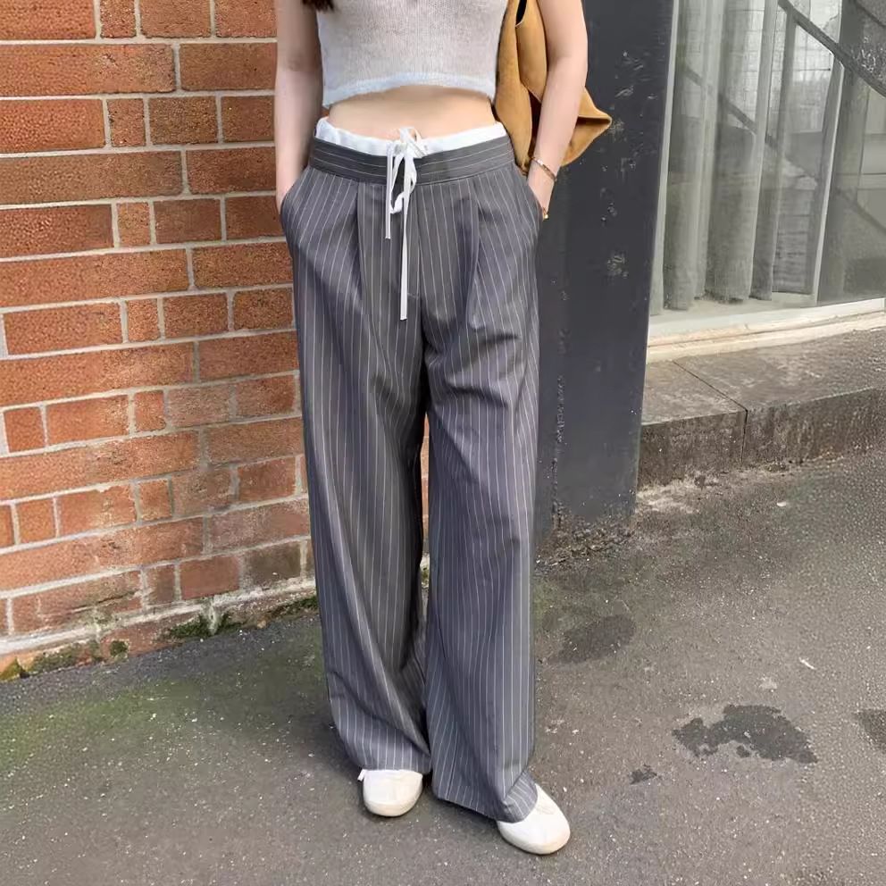 ベーシックストライプウエストリボンワイドパンツ