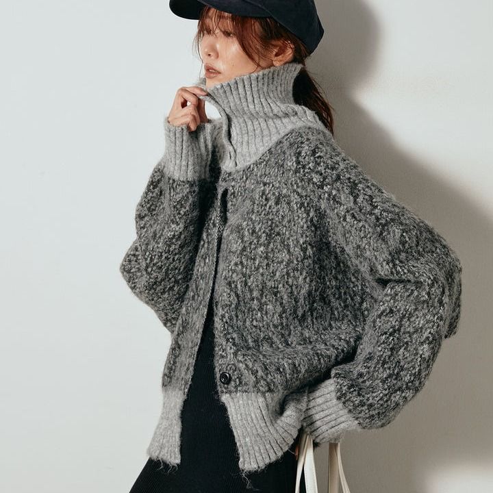 ハイネック配色切替ニットカーディガン "home-products"