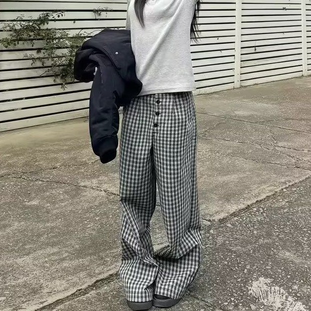 チェック柄ボタンワイドロングパンツ