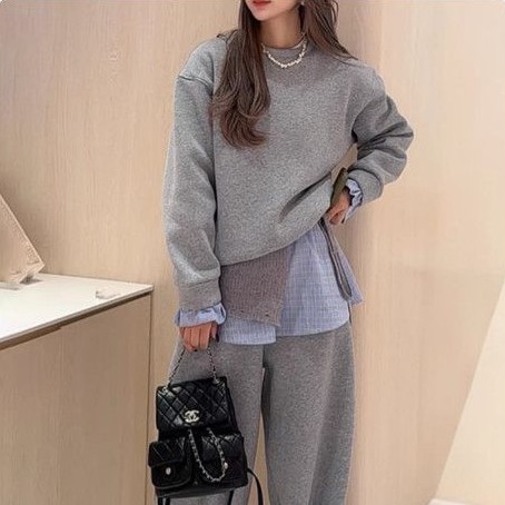 丸首 レイヤード風 シャツドッキング スウェットトップスセット "home-products"