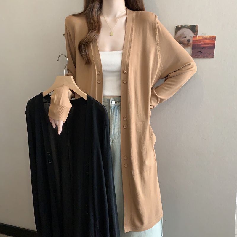 V ネックボタンロングカーディガン
