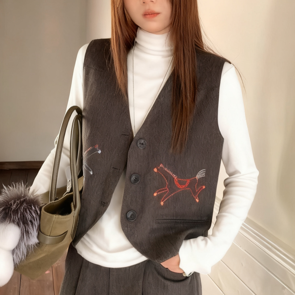 V ネック馬刺繍デザインベスト