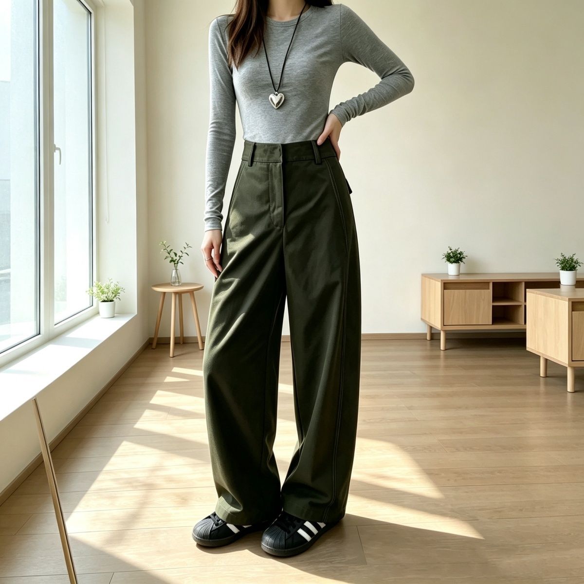 ハイウエストサイドステッチワイドスラックスパンツ