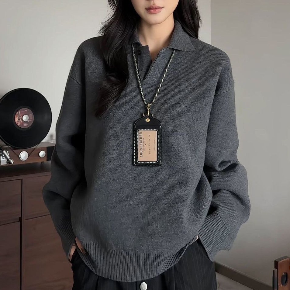 ポロカラーネックルーズフィット長袖ニット "home-products"