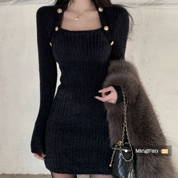 スクエアネック長袖ショルダーボタンディテールボディコンミニワンピース "home-products"