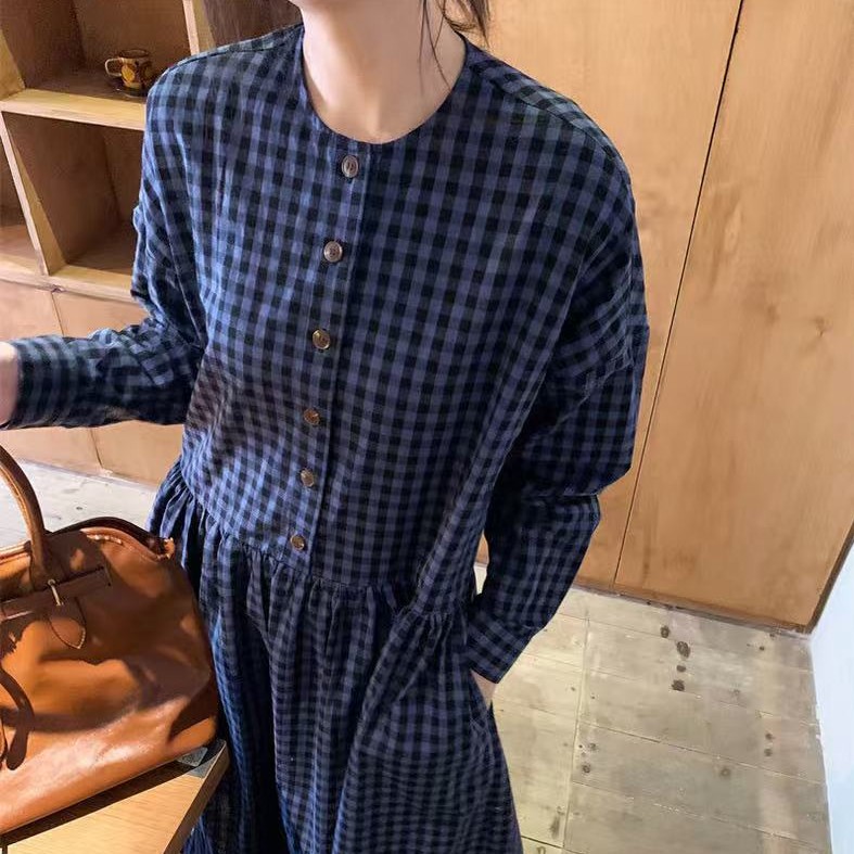 チェック ロングワンピース 丸襟 ギャザーデザイン ゆったりフィット レディース