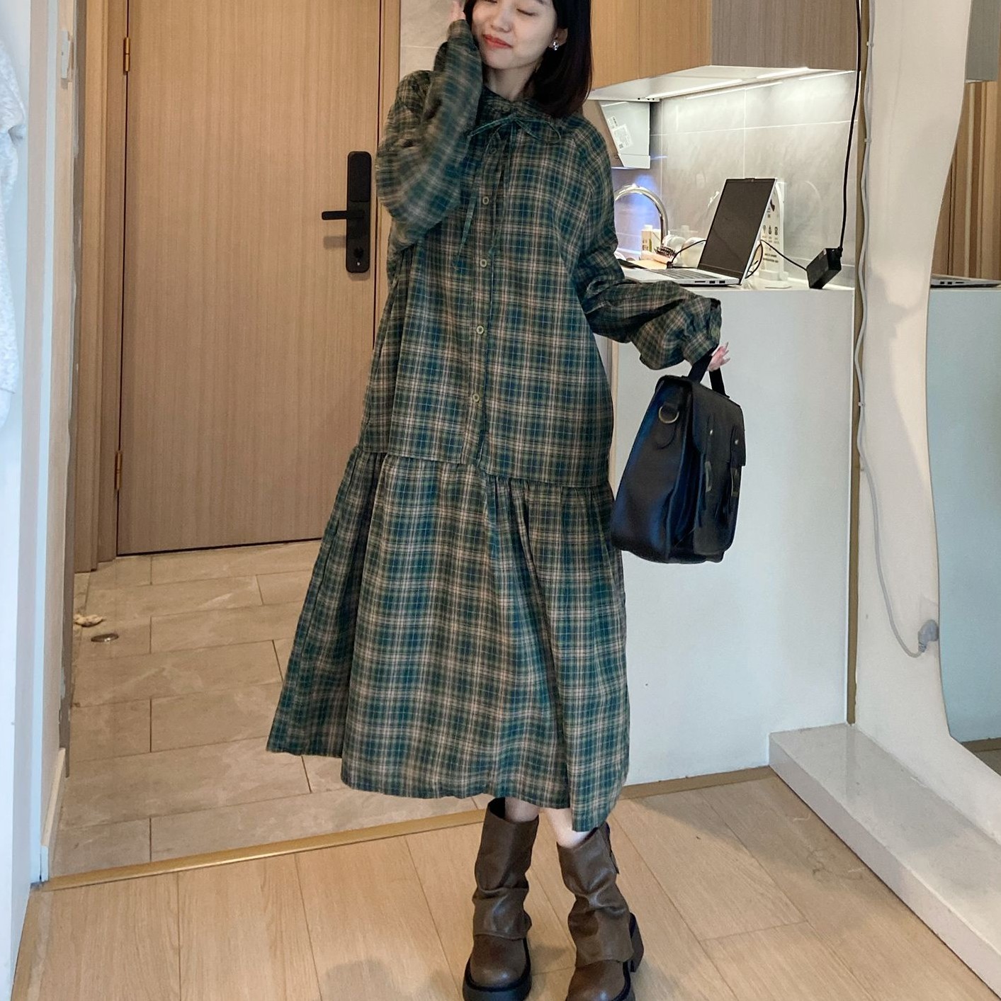 ゆったり  チェック柄  レトロ  カジュアルワンピース