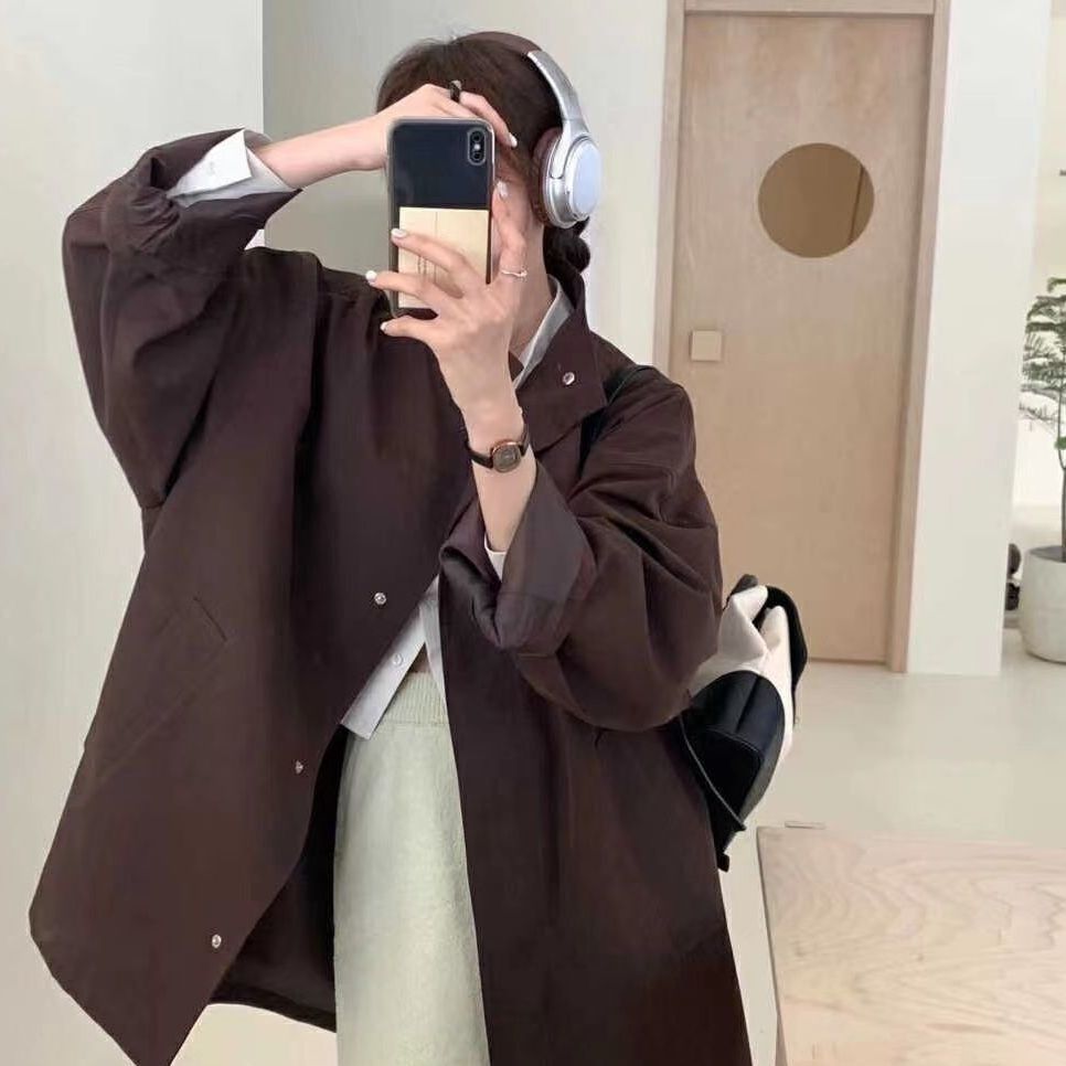 細見え  ゆったり  着回し力抜群  デザイン性  トレンチコート  カジュアル  韓国風  ゆるっとしたスタイル  立ち襟  コート