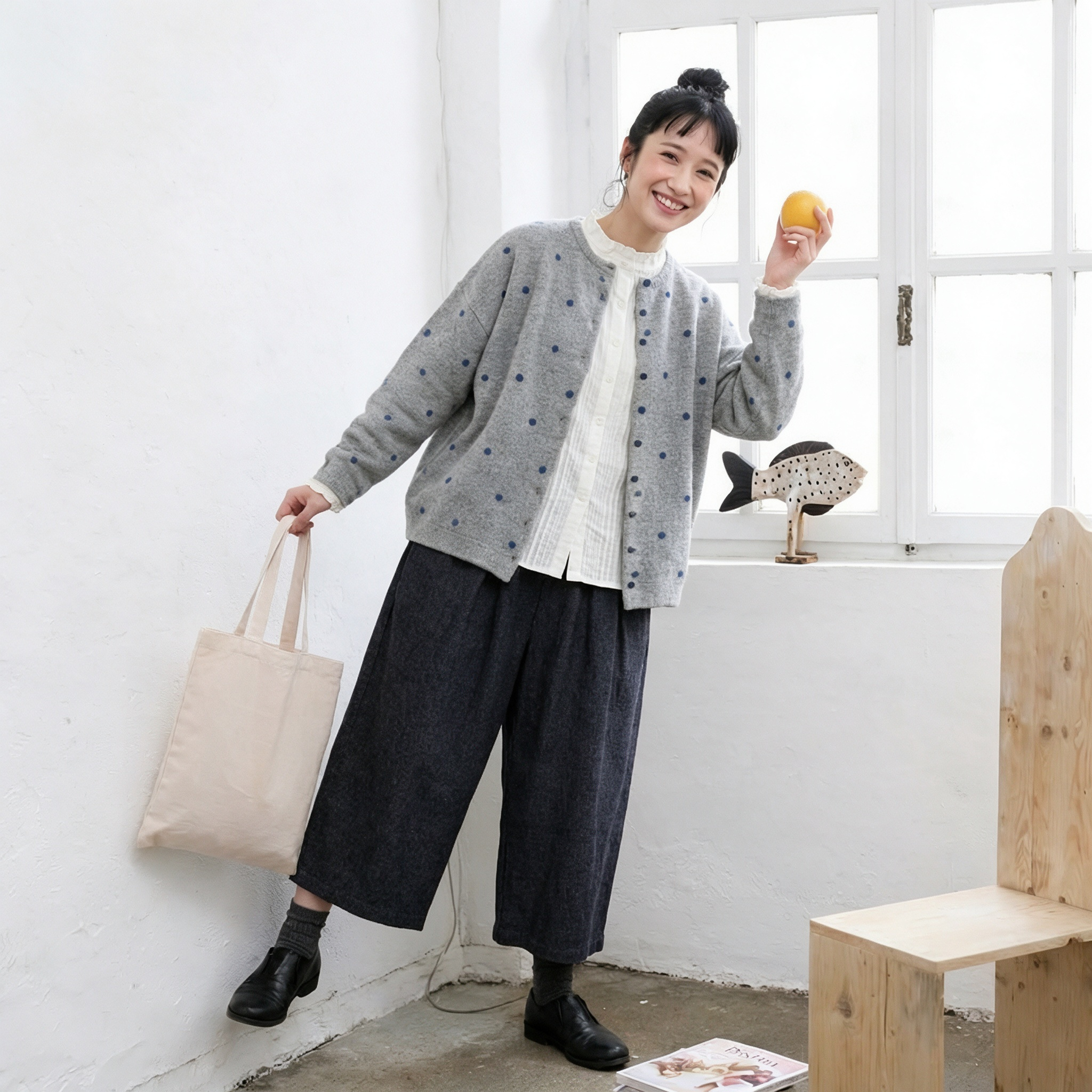 シンプルナチュラル、肩落ち水玉ジャケット 動きやすいワイドパンツセット "home-products"