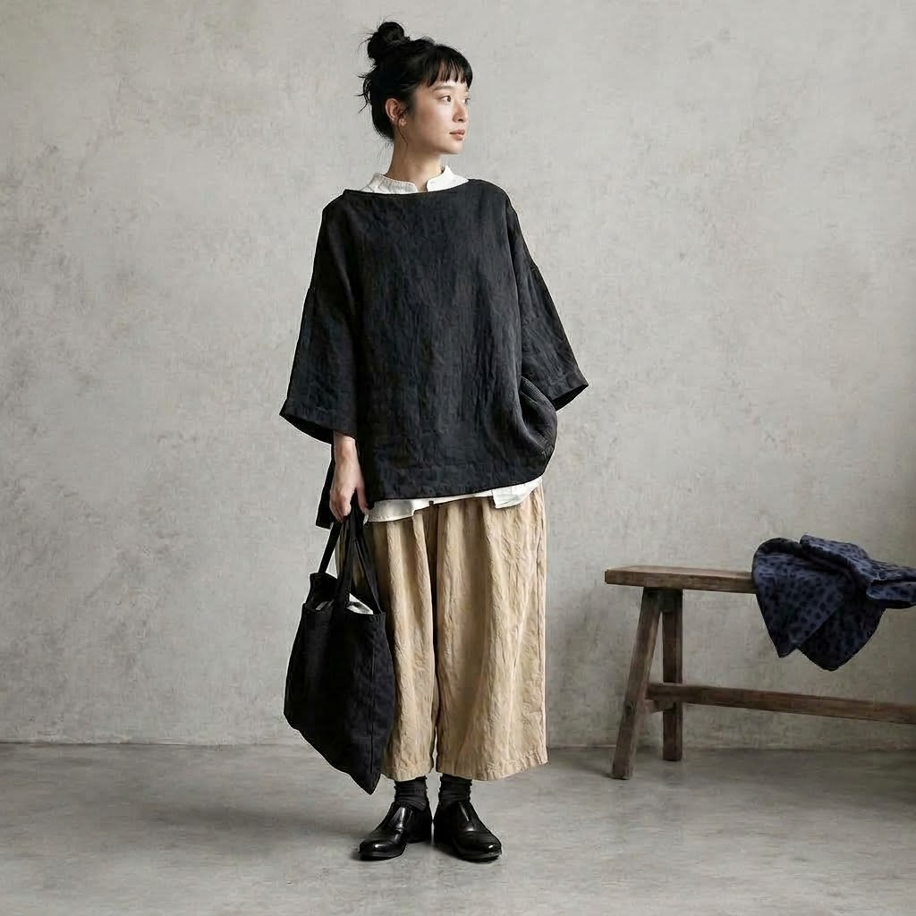 黒のトップス＋カーキのパンツ