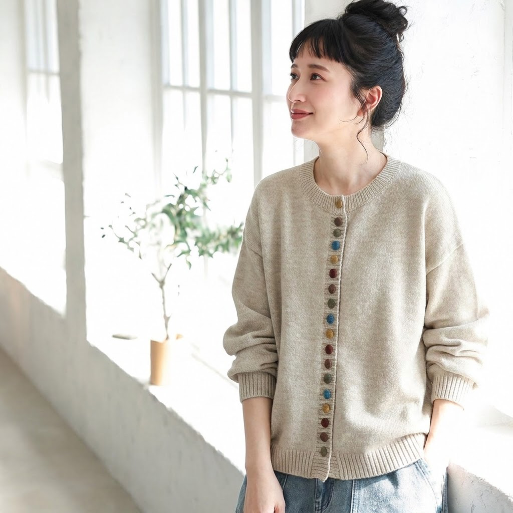 カラフル釦が彩るゆったりニットカーディガン "home-products"