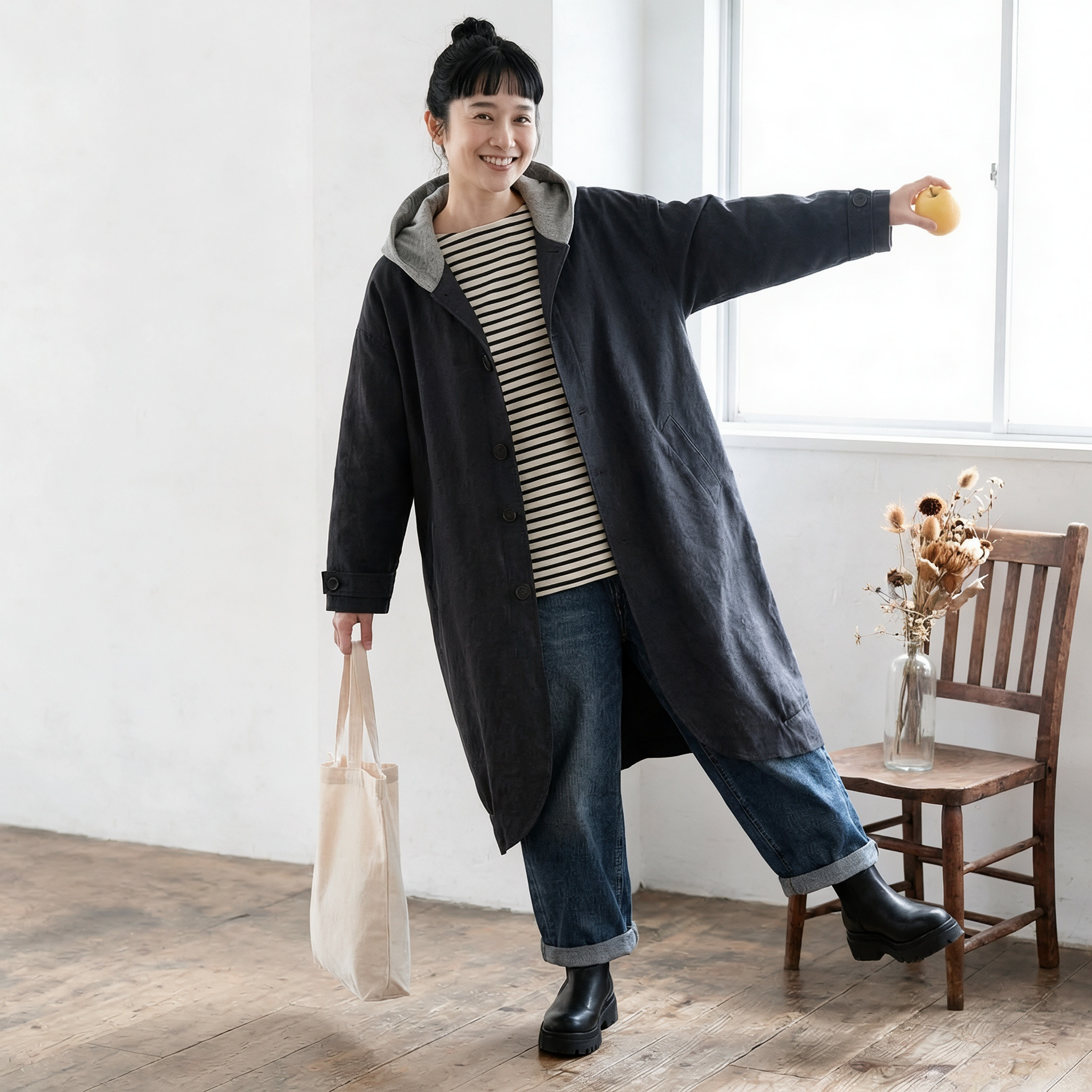 【再入荷予定】ナチュラルカジュアル、配色フード付きゆったりロングトレンチコート "home-products"