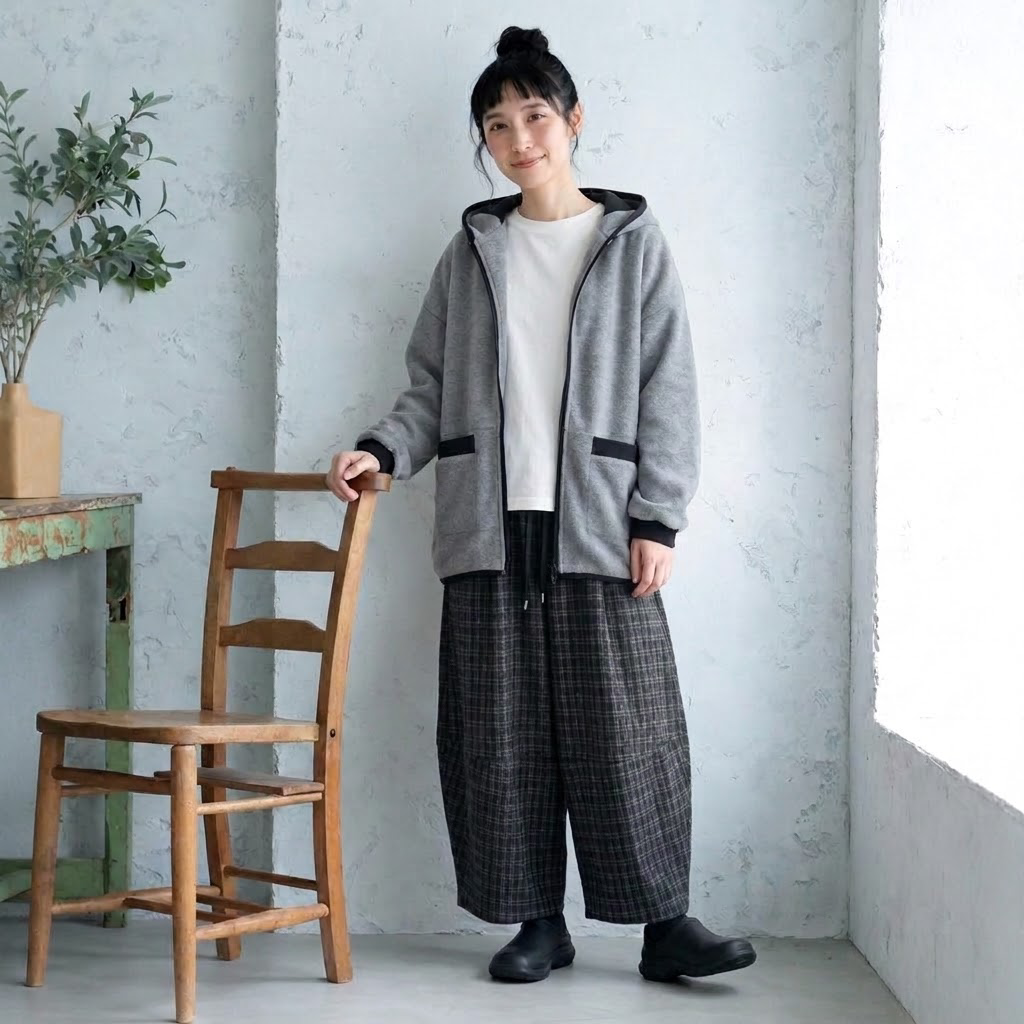 切り替え チェック柄 フード付き アウター+パンツ 2点セット "home-products"