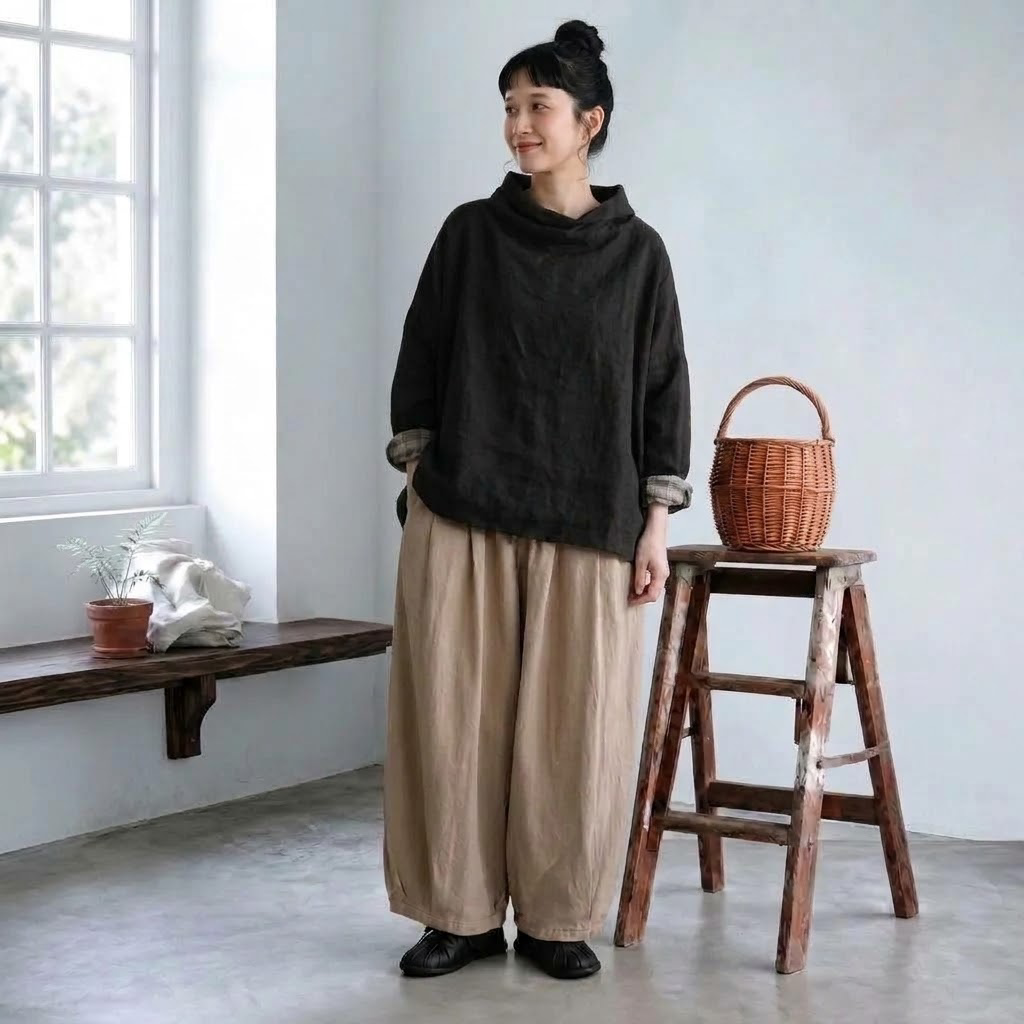 チェック配色 ハーフハイネックトップワイドパンツセット "home-products"