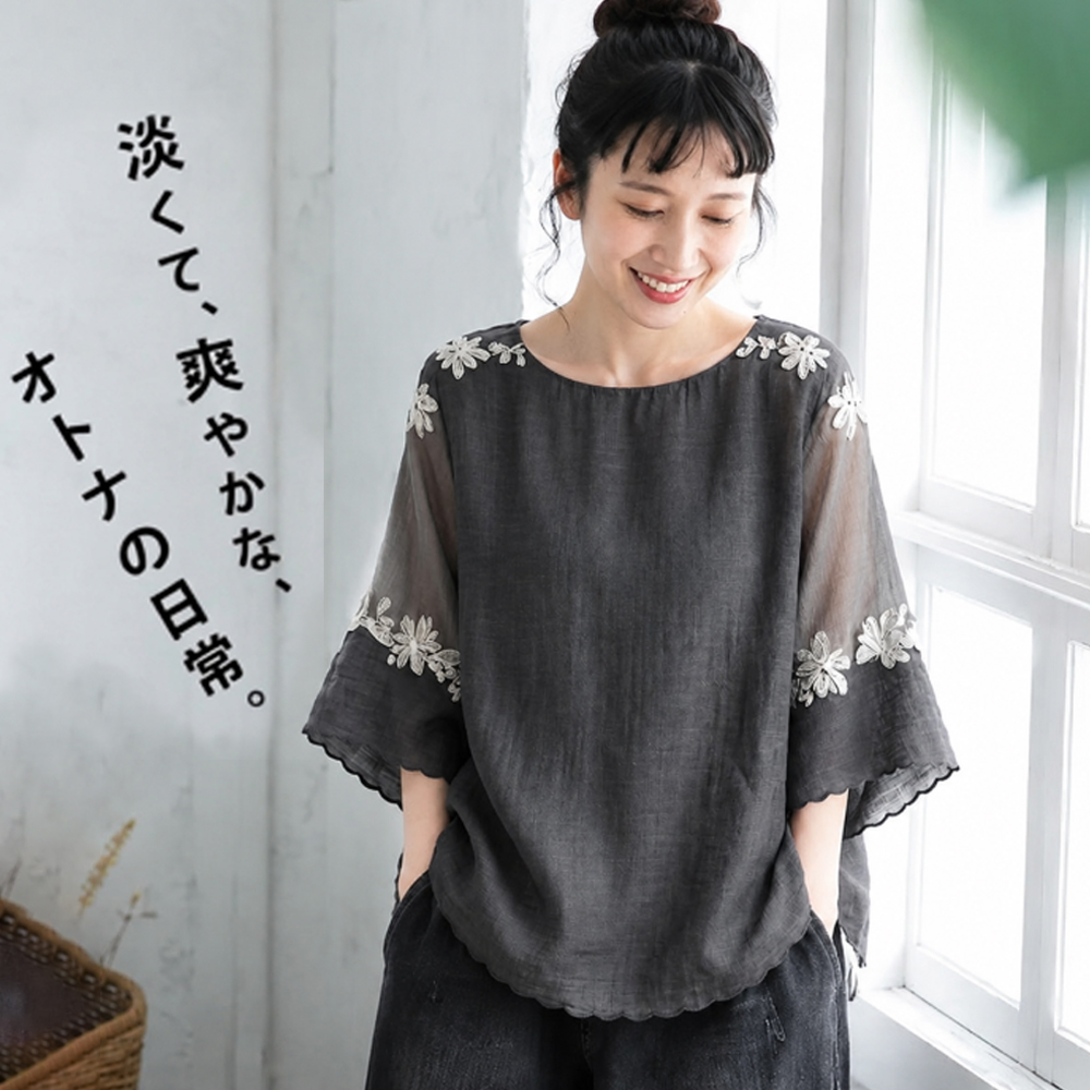 「奇跡の再販」 ラウンドネック 五分袖 刺繍 ノーマルスリーブ 花模様 森ガール シャツ