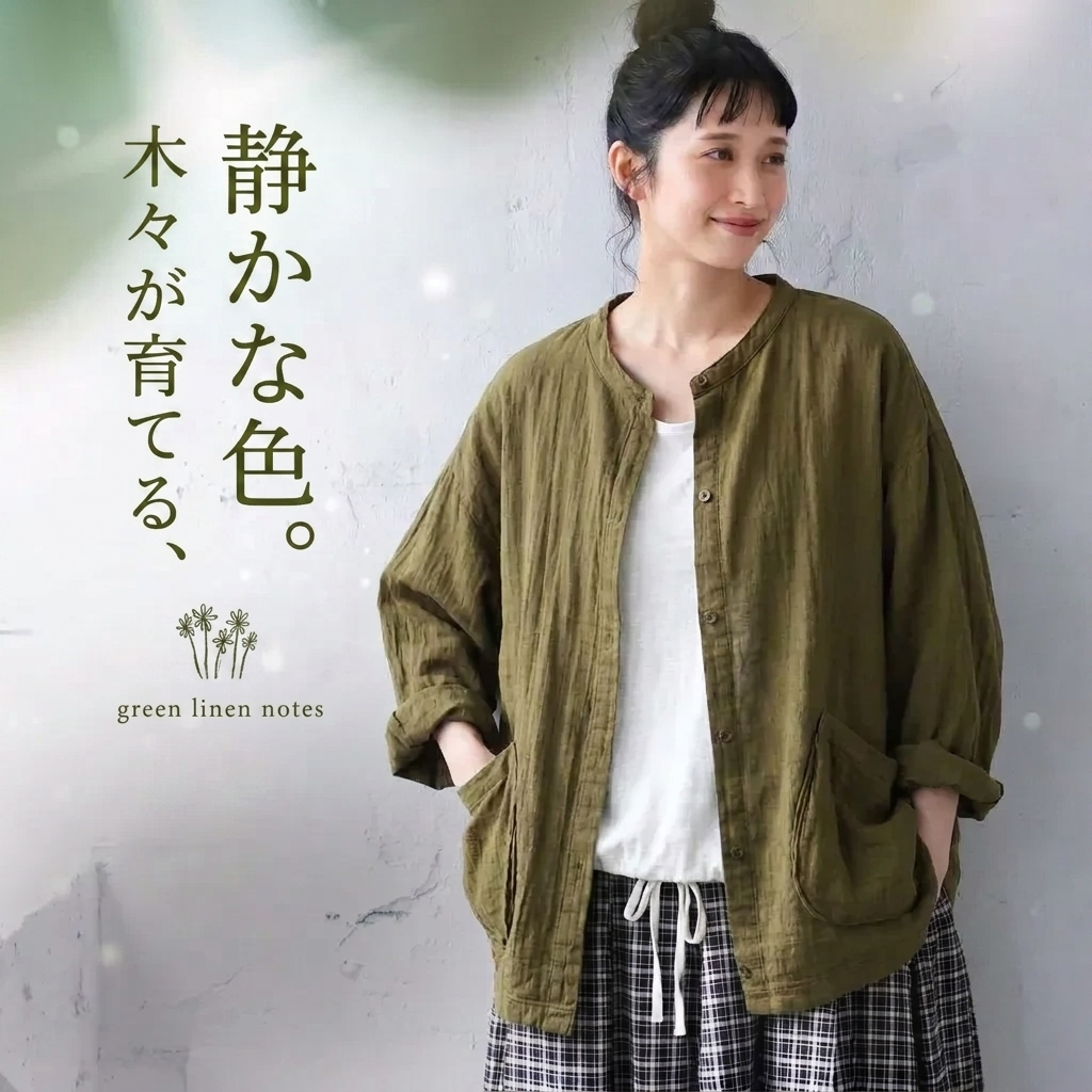 洗いざらしの風合い、くったりと身体に馴染む麻混羽織りブラウス