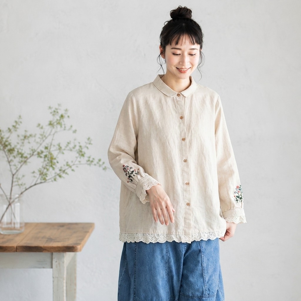 袖口と裾に繊細な刺繍を添えた、優しげなブラウス。