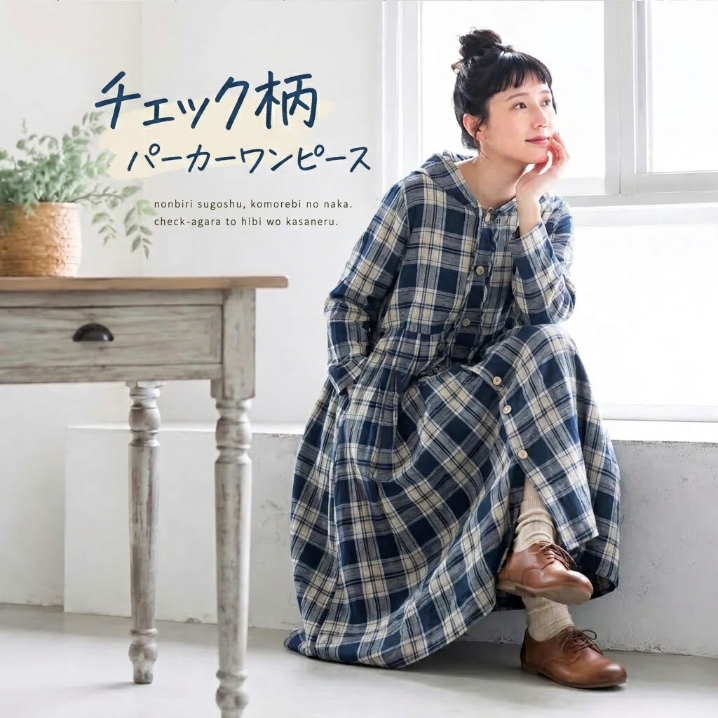 チェックが描くフード付きロングワンピース