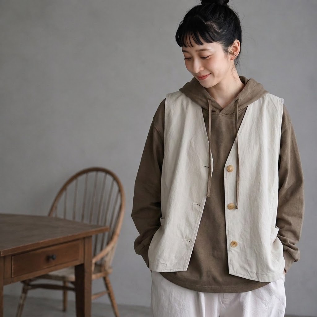木目調ボタンが優しいノースリーブベスト
