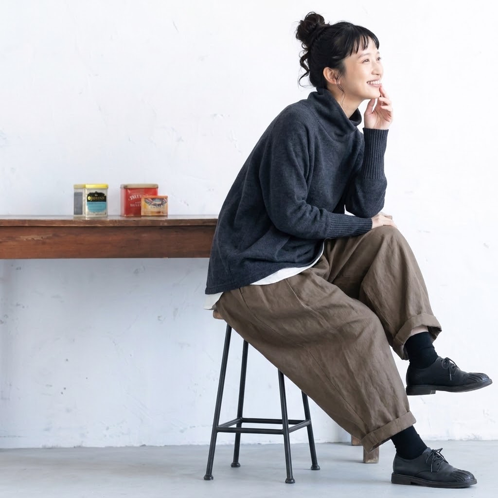 ハイネック ゆるシルエット 9 分ワイドパンツセット