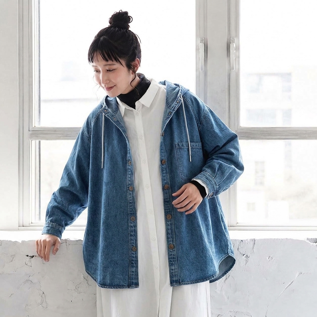 からだが泳ぐ、フード付きのゆるりデニムジャケット