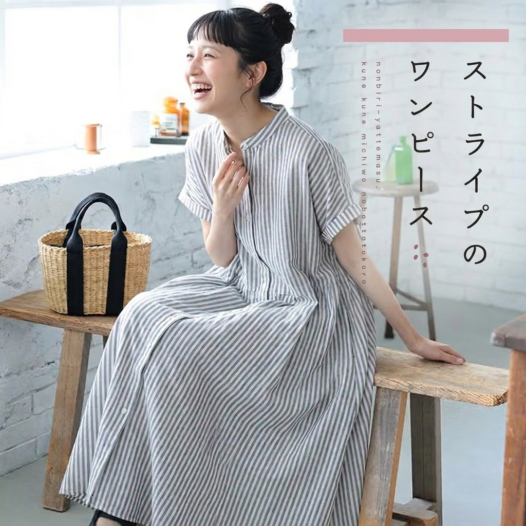 すっきり丸首ボタン前立て折り袖ワンピース
