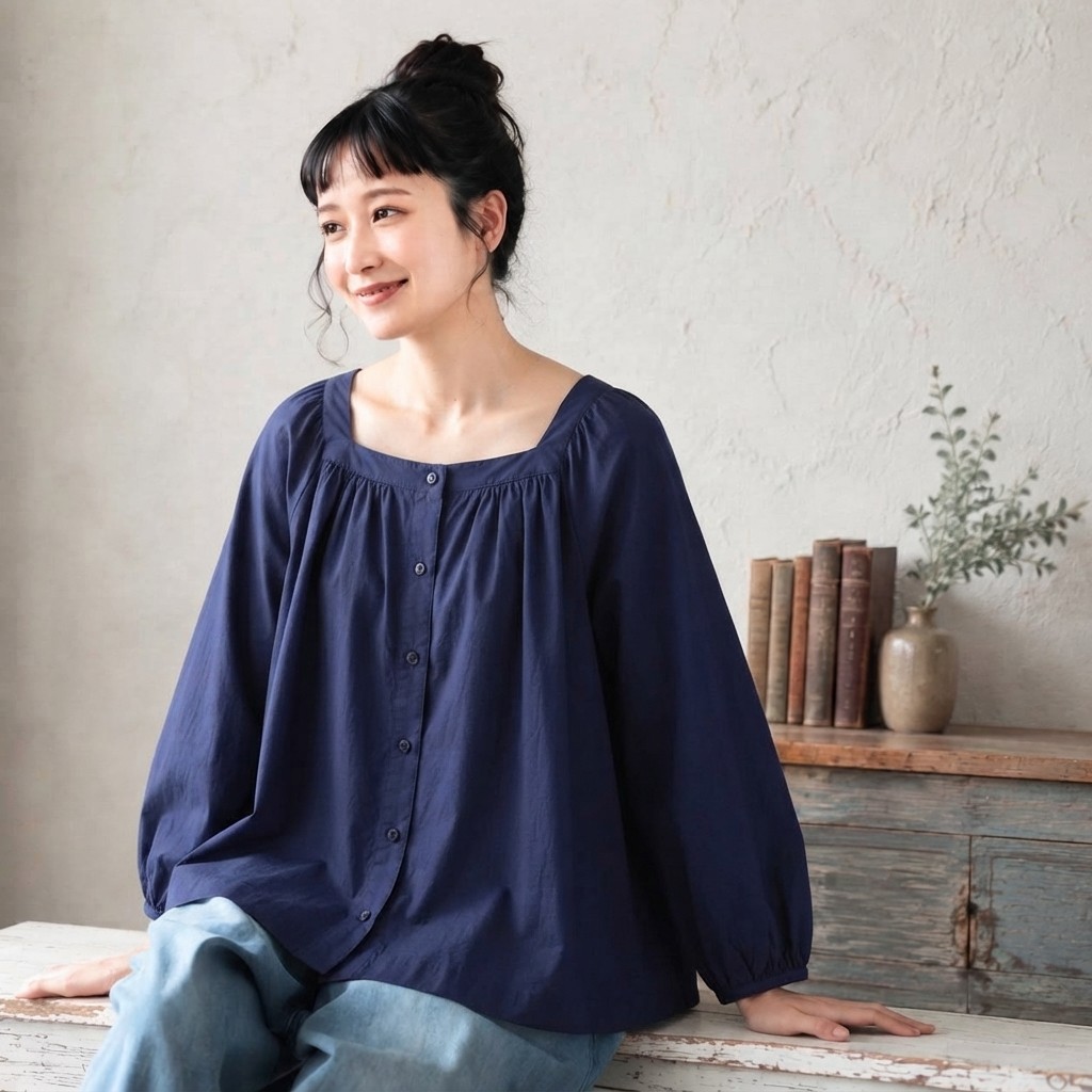 ニュアンスのある胸元が可愛い、ゆったり長袖ブラウス。