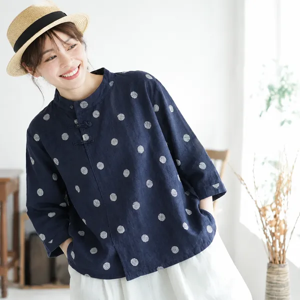 ゆったり 体型カバーも叶うコットンリネン風ドットブラウス(M~2XL)